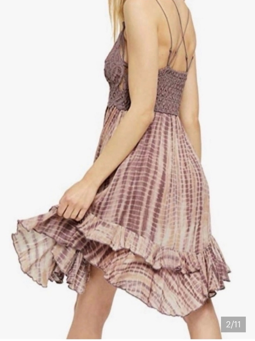 Free People Mauve Lace Bodice Tie-Dye Mini Dress - Picture 2 of 3